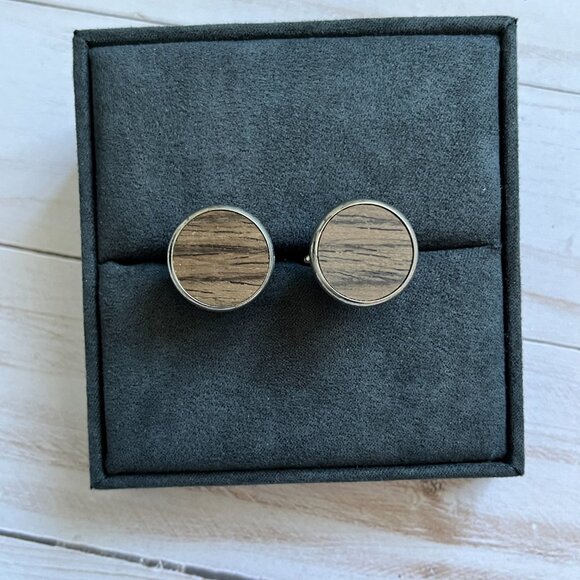 Men’s Round Wood Inlay Cufflinks Silver Tone Classic Formal - Picture 2 of 4
